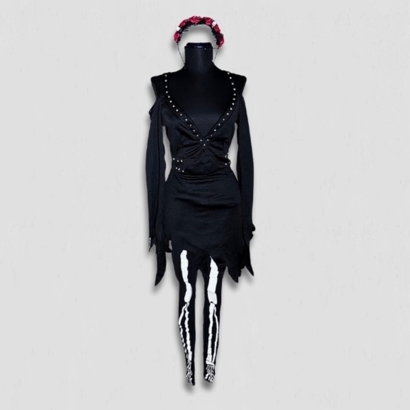 Day of the Dead Sexy Catrina Costume Dress stud Skeleton Tights Headband Black M - Picture 1 of 12